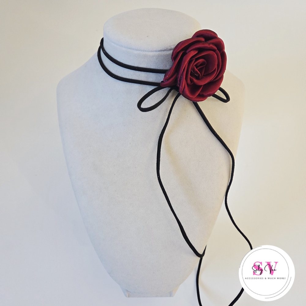 Small burgundy rose choker necklace
